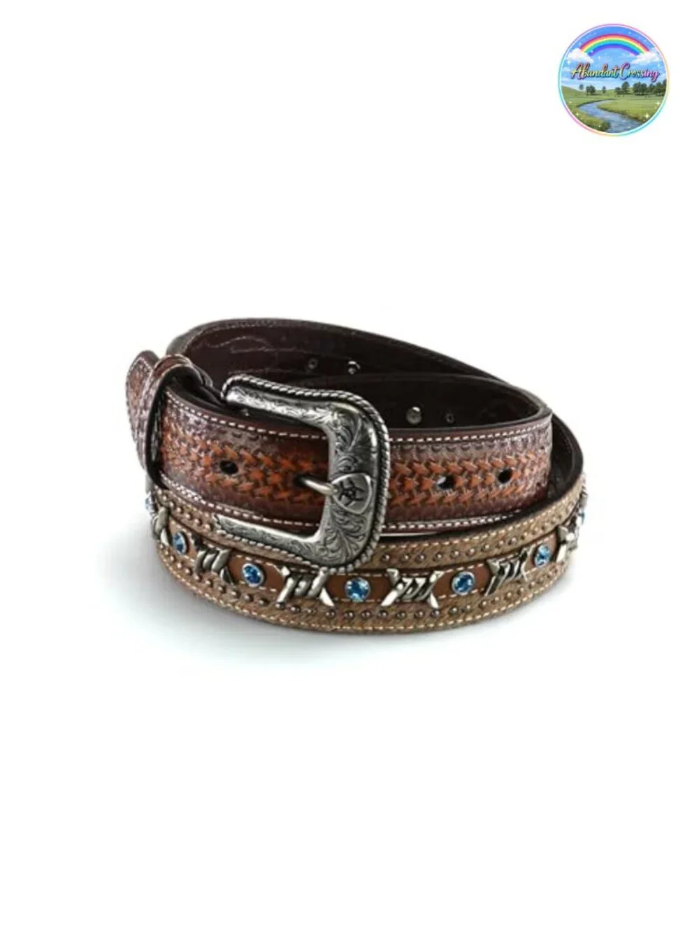 Genuine Leather Western Belt Embossed Barbed Wire Blue Crystals Snap Buckle